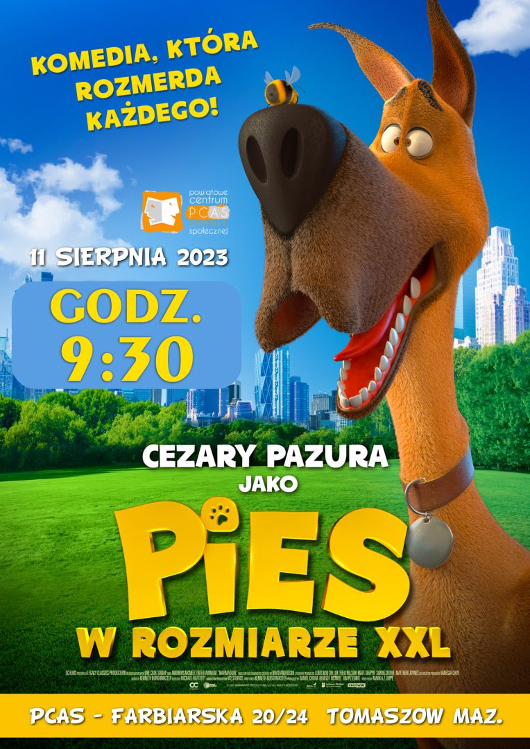Na zdjęciu: plakat PCAS informujący o&nbsp;projekcji bajki pt. &ldquo;Pies w&nbsp;rozmiarze XXL&rdquo;