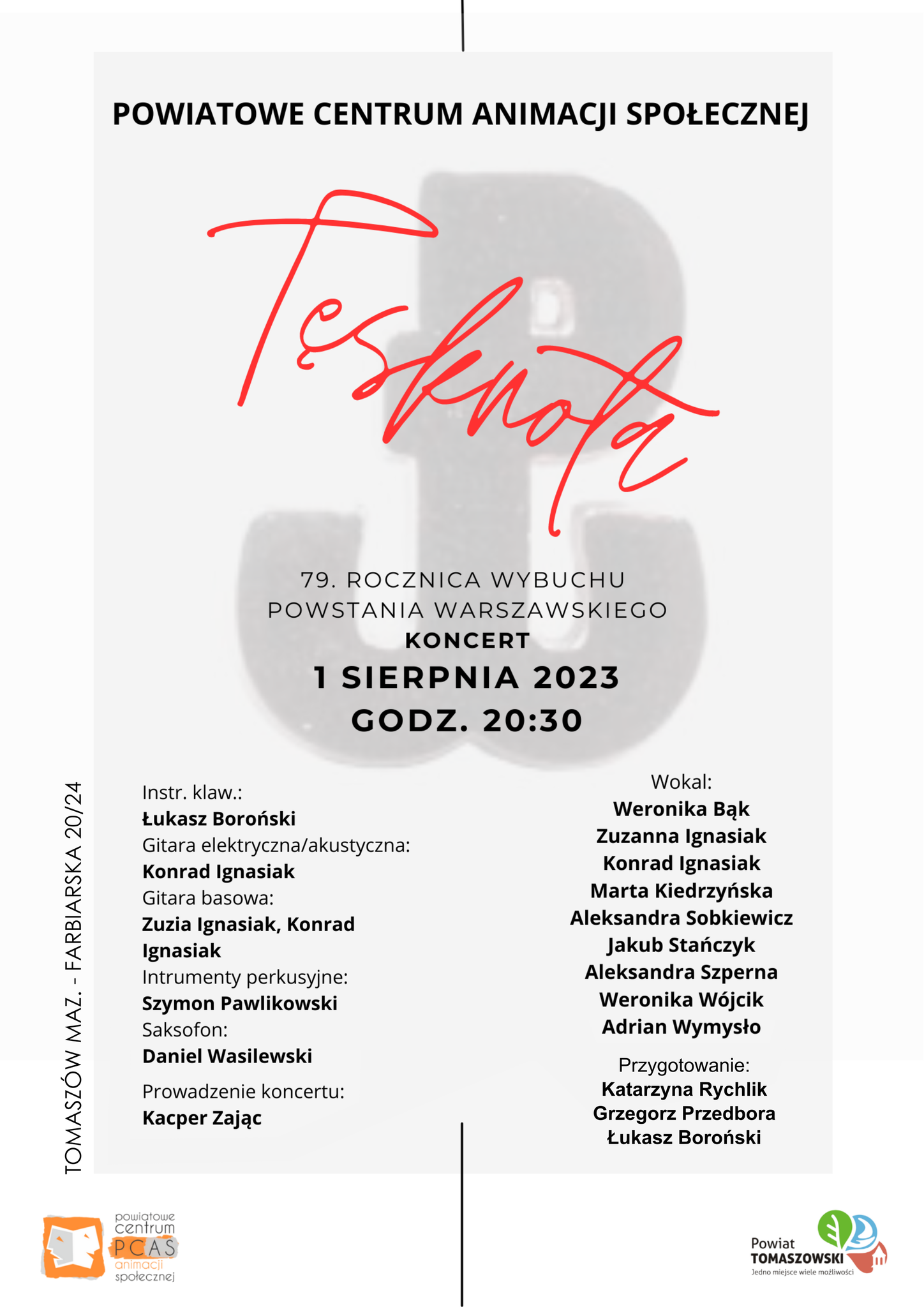 Na zdjęciu: plakat informujący o&nbsp;koncercie w&nbsp;Powiatowym Centrum Animacji Społecznej w&nbsp;Tomaszowie Mazowieckim poświęconym 79. Rocznicy wybuchu powstania warszawskiego