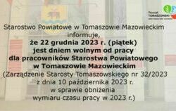 Zdjęcie do Uwaga interesanci! 22 grudnia 2023 roku Starostwo...