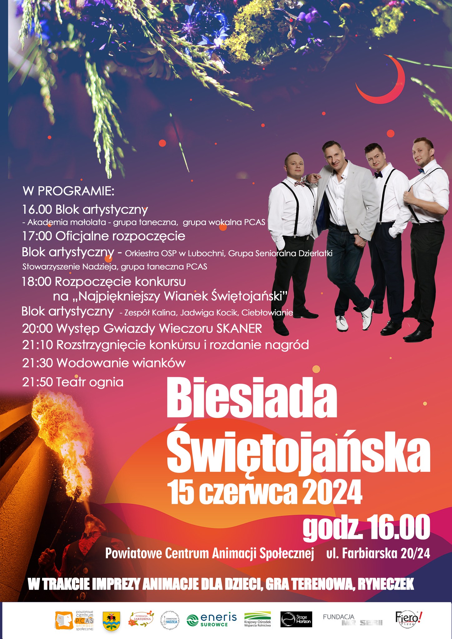 Na zdjęciu: plakat zapraszający na&nbsp;Biesiadę Świętojańską, kt&oacute;ra odbędzie się w&nbsp;sobotę, 15 czerwca 2024 roku na&nbsp;terenie PCAS-u ul. Farbiarska 20/24 w&nbsp;Tomaszowie Mazowieckim, 
