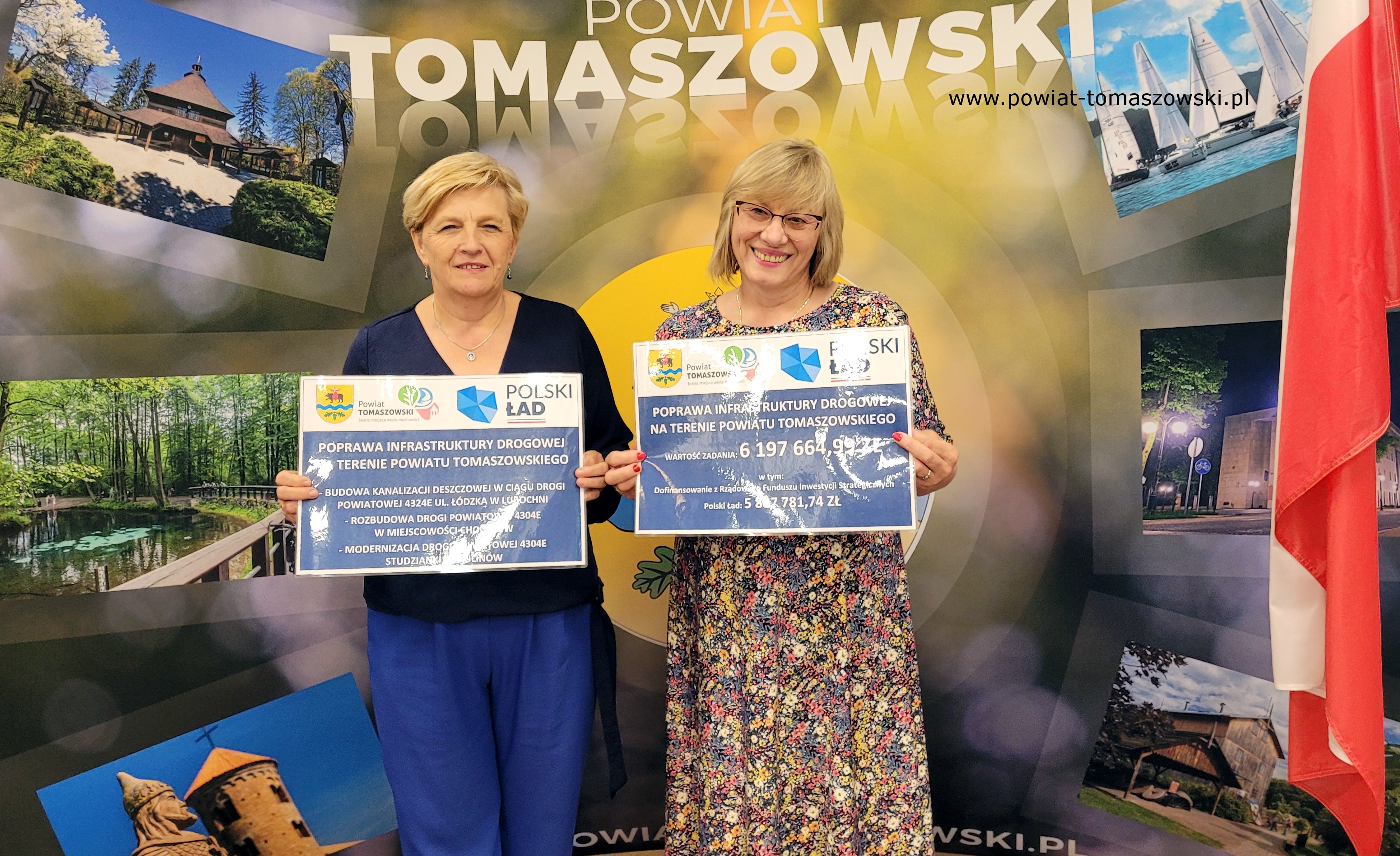 Na zdjęciu: uczestnicy konferencji prasowej dotycząca zadania pod nazwą  „Poprawa infrastruktury drogowej na terenie powiatu tomaszowskiego etap I”, która odbyła się w środę, 31 lipca 2024 roku, w sali konferencyjnej w Starostwie Powiatowym w Tomaszowie Mazowieckim,