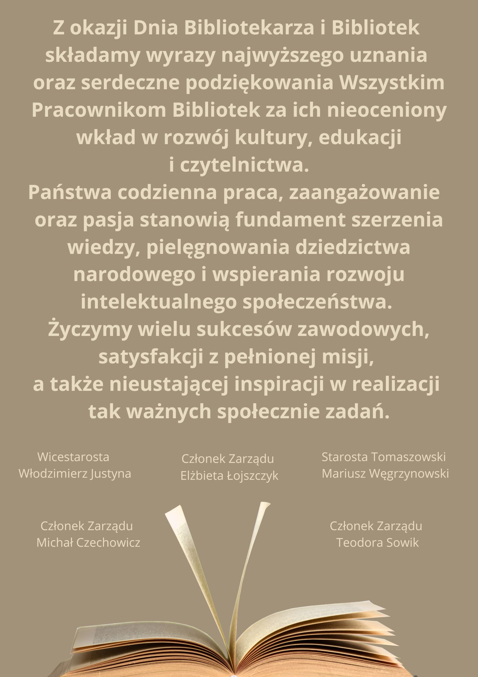 Na zdjęciu: życzenia z okazji Dnia Bibliotekarza i Bibliotek 2025 od Zarządu Powiatu Tomaszowskiego