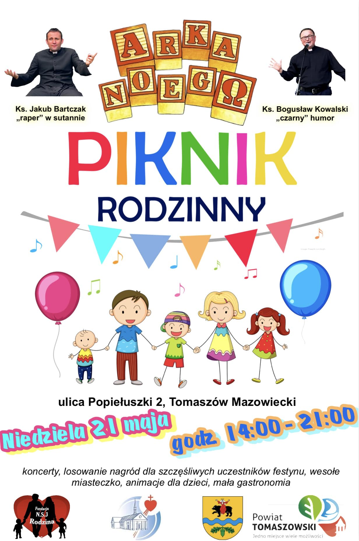 Na zdjęciu: plakat informujący o Pikniku rodzinnym w parafii NSJ przy ul. Popiełuszki, który odbędzie się w niedzielę, 21 maja 2023 roku, w godzinach 14.00 – 21.00, 