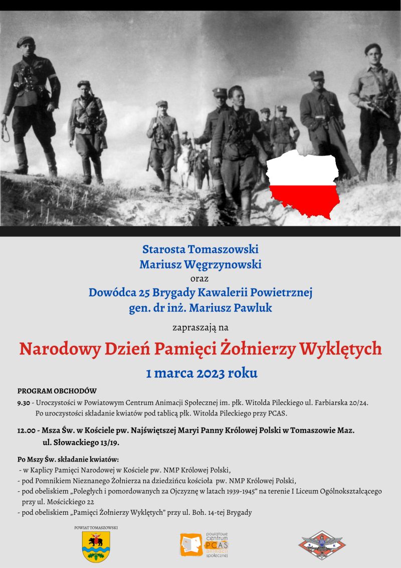 Na zdjęciu: plakat zapraszający na uroczystości związane z Narodowym Dniem Pamięci Żołnierzy Wyklętych, które odbędą się w środę, 1 marca 2023 roku, w Tomaszowie Mazowieckim