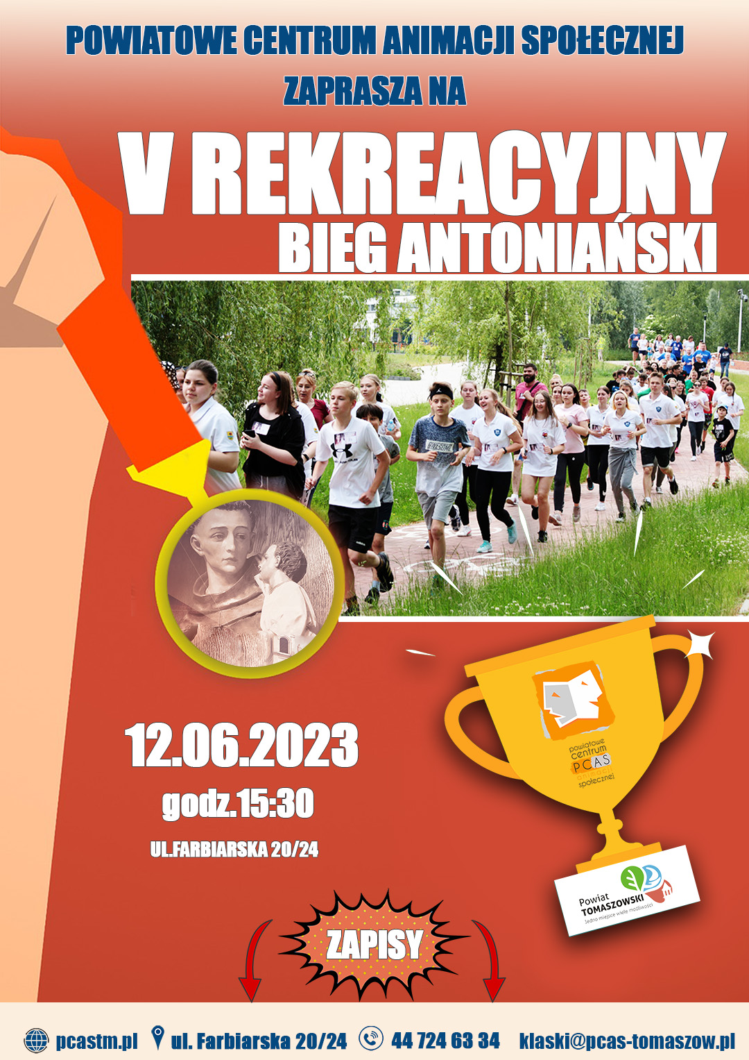 Na zdjęciu: plakat PCAS reklamujący V Antoniański Bieg Rekreacyjny, który odbędzie się 12 czerwca 2023 roku o godzinie 15.30 na boiskach PCAS-u przy ul. Farbiarskiej 20/24 w Tomaszowie Mazowieckim