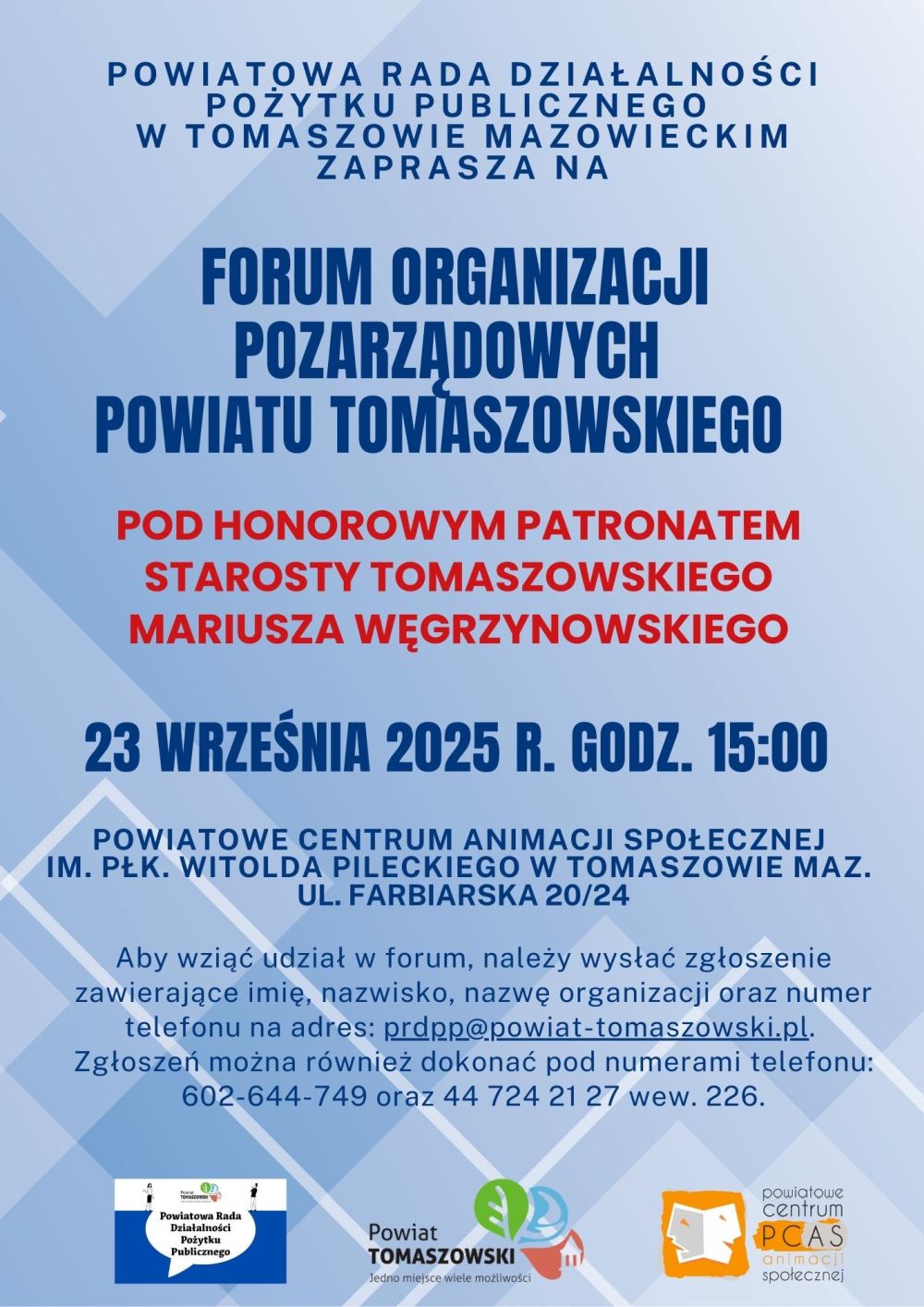 Na zdjęciu: plakat zapraszający do udziału w Forum Rady Działalności Pożytku Publicznego, które odbędzie się w wtorek, 23 września 2025 roku w PCAS-ie w Tomaszowie Mazowieckim. 