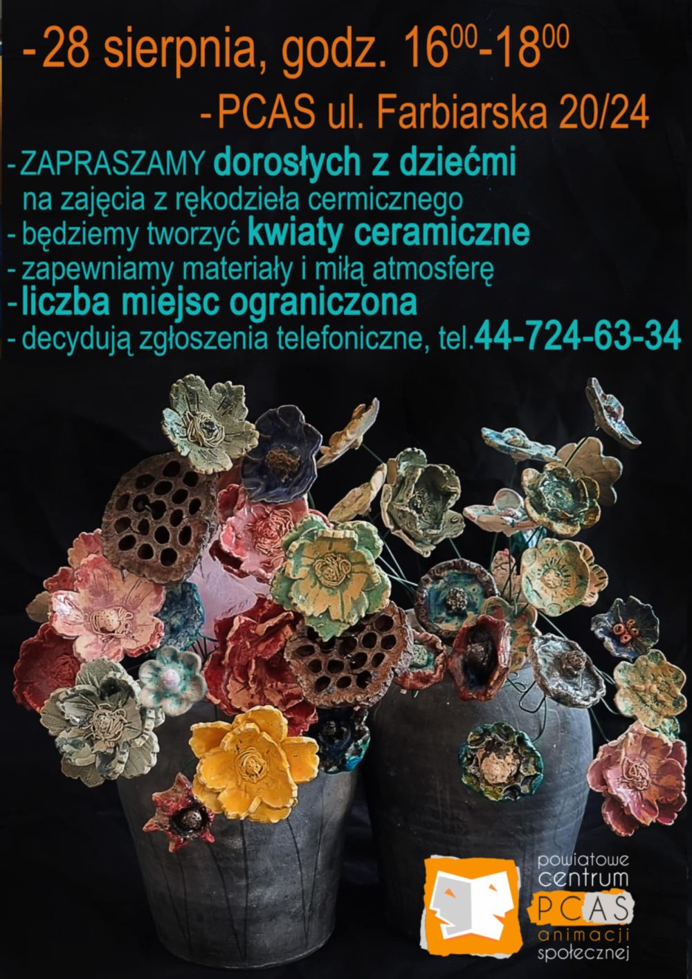 Na zdjęciu: plakat informujący o&nbsp;międzypokoleniowych warsztatach ceramicznych, kt&oacute;re odbędą się w&nbsp;PCAS-ie 28 sierpnia 2025 roku o&nbsp;godzinie 16.00