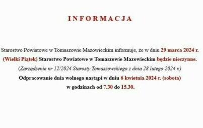 Zdjęcie do 29 marca 2024 roku (Wielki Piątek) Starostwo Powiatowe w Tomaszowie Mazowieckim nieczynne