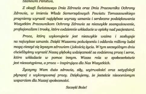 Na zdjęciu: pismo z życzeniami od Zarządu Powiatu Tomaszowskiego z okazji Światowego Dnia Pracowników Ochrony Zdrowia. 