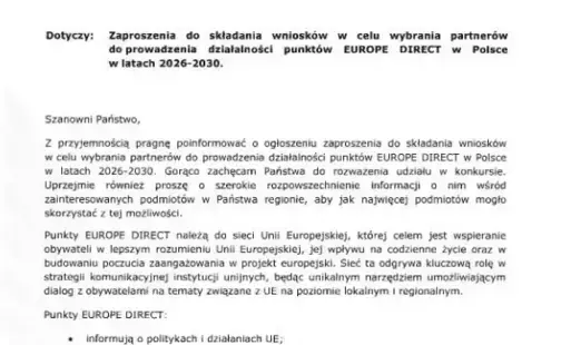 Zaproszenie do składania wniosków w celu wybrania partnerów do prowadzenia działalności punktów EUROPE DIRECT w Polsce w latach 2026-2030